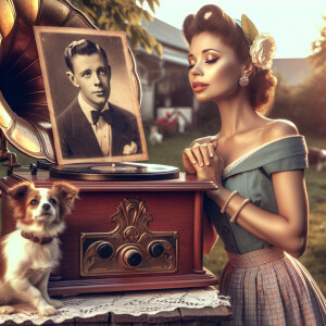 A 1940's image of a woman standing next to a victrola, gazing dr...