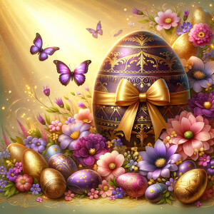 A luxurious and ornate Easter-themed image featuring a large cen...