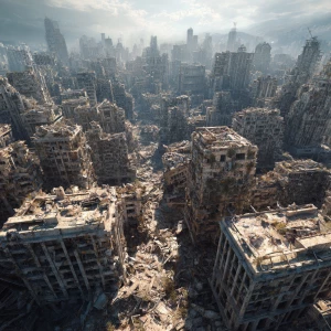 A vast, abandoned cityscape. Crumbling buildings fill the enviro...
