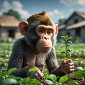 “Monkey wakes up and sees small plants growing in the field, fee...
