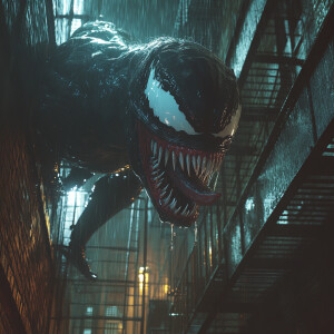 Create an image of Venom poised above an unsuspecting Spider-Man...