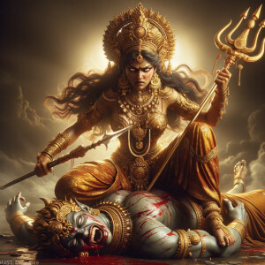 portrait of angry looking, indian goddess straddling a defeated...
