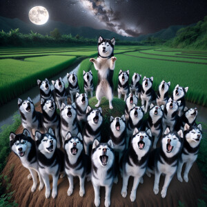 A group of black and white huskies are arranged neatly, each hus...