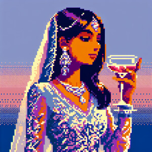 A girl elegantly holding a coupe glass in vibrant retro colors,...