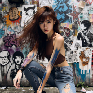 teenage girl, long brown hair and bangs, wearing tight skinny jeans and a halter top paint marks on her clothing, heroic pose Asian graffiti background, nearing on one knee