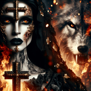 macabre gothic vampire with large black ornate cross adorned wit...