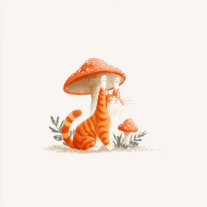 Orange cat stretching under mushroom, kawaii style, pastel color...