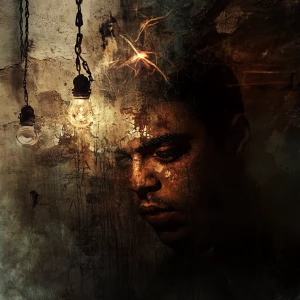 "Create a highly detailed, surreal portrait of a man in a neglec...