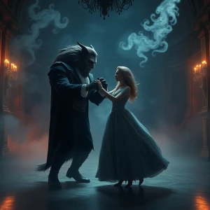 Beauty and the beast dancing in a ballroom surrounded by ghostly fog. Hyper expose. Ultra-detailed. The image should feature dark, surreal elements, and errie aesthetics, ultra-realistic style, 8K, C4D rendering, OC rendering,HDR,with a close-up picture,masterpiece, perfect composition and lighting