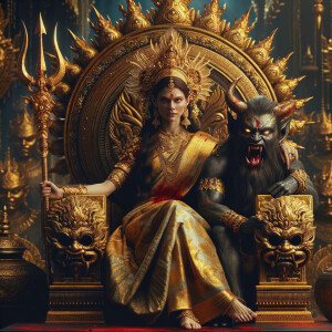 portrait of angry looking goddess durga sitting on a gold crown and carrying a weak mahishasur on her lap and stabbing him with her amazingly designed trident. She is wearing gold armor, a huge gold crown, gold saree, abundant  gold jewelry, covered in blood. The scene is set in ancient India. The image is 8K resolution, cinematic, ultra detailed face and epic.