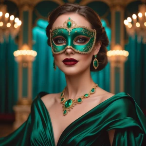 "In the opulent ballroom, a masked beauty captures every gaze, h...