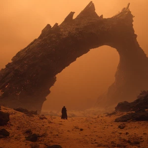 Photorealistic cinematic scene of a lone figure standing beneath...