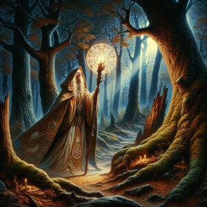 Magnificent witch strolling through dark, tree and wooded area