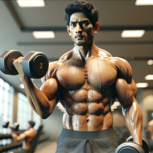 Create a man lifting intense heavy dumbbells above head level.
