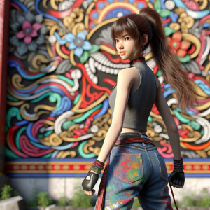 teenage girl, long brown hair and bangs, wearing tight skinny jeans and a halter top paint marks on her clothing, heroic pose Asian graffiti background, backside view