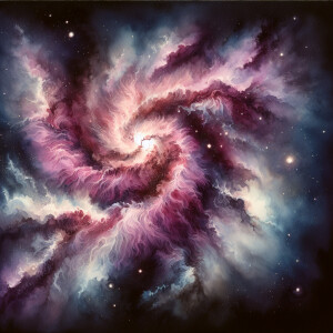 A swirling cosmic nebula of delicate mauve hues dances across th...