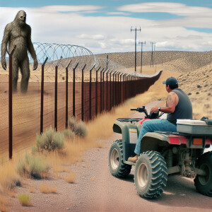 A man on an ATV observes a 14-foot-tall, humanoid, hairy creatur...