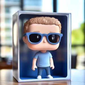 Create a Funko Pop figurine of Mark Zuckerberg, styled in the di...