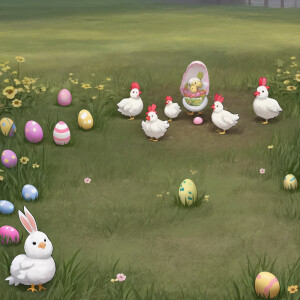 7 chicken baby on the meadow play with Easter eggs