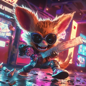 "Stylized character portrait of a mischievous designer toy creat...