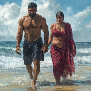 Realism,a muscular sweaty man walking with his 50 years old poo...