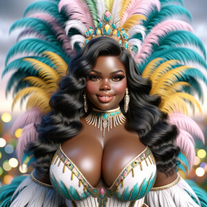 Create a 3-D  vivid full-body view of a colorful glossy hyper-realistic oil painting of a detailed illustration full length photo single image of a beautiful African-American caramel skinned woman plus sized, with long, black, wavy hair, her make up is airbrushed and flawless, she is dressed in a white, teal and yellow large, elaborate, elegant, very detailed carnival costume with colorful African-American pink, blue, gold yellow green feathers, flawless makeup, prominent lashes, black peep toe heels, white pixie hair, background bokeh, she is stunning and smiling, digital art.