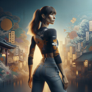 Athletic Thin skinny Attractive, Asian teenage girl, long brown hair and bangs, wearing tight skinny jeans and a halter top paint marks on her clothing, heroic pose Asian graffiti background, backside view