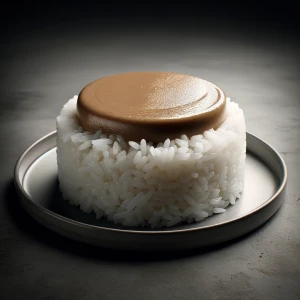 A plate of white sticky rice topped with a smooth layer of pâté.