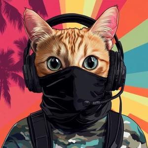 A wide-eyed ginger cat wearing a black tactical balaclava (or ma...