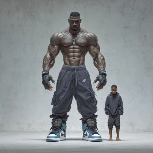 Create an image featuring a large, muscled figure with exaggerat...