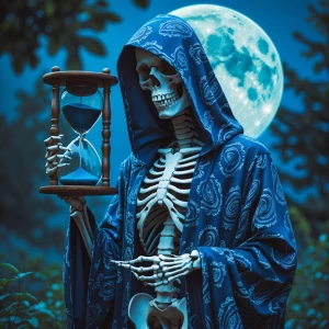 Generate an image of a skeleton wearing a blue paisley print hoo...