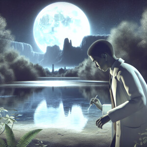 One young researcher approaches the lake. There is a moon in the...