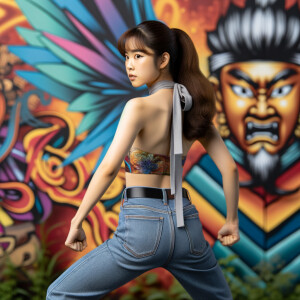 Attractive, Asian teenage girl, long brown hair and bangs, wearing tight skinny jeans and a halter top paint marks on her clothing, backside view heroic pose Asian graffiti