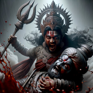 portrait of angry looking goddess durga  carrying a weak mahishasur in her two arms and stabbing him with her amazingly designed trident. She is wearing a huge silver crown, red saree, abundant silver jewelry, covered in blood. The scene is set in ancient India. The image is 8K resolution, cinematic, ultra detailed face and epic.