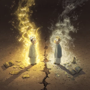 A cartoon of two characters: one surrounded by glowing light and...