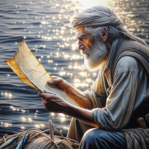 A gray-haired fisherman stands near the sea and reads old notes...