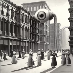 Create a monochromatic, early 20th-century science fiction scene...