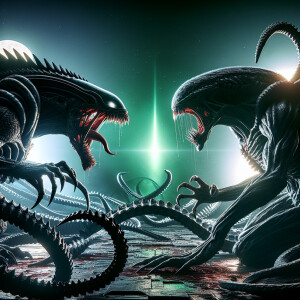 An intense showdown between a reptilian alien with sharp claws a...