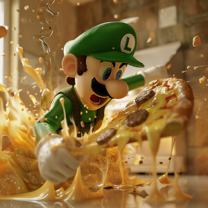 generate a 3D realistic image of Luigi battling with a vary chee...