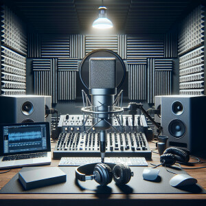 A meticulously arranged podcast recording studio showcasing a hi...