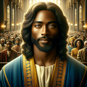 Illustrate an inspiring African-American Jesus crust with a dign...