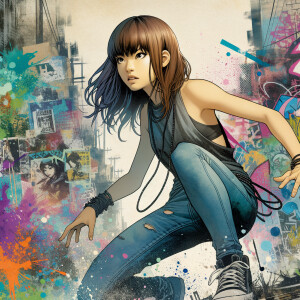 teenage girl, long brown hair and bangs, wearing tight skinny jeans and a halter top paint marks on her clothing, heroic pose Asian graffiti background, nearing on one knee