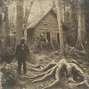 Vintage photo of hermit living with monsters, sepia-toned daguer...