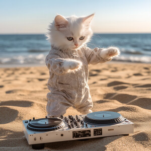 A white kitten in a jumpsuit acting as a DJ with turntables on a...