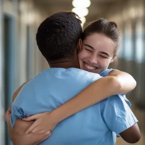 A nurse displaying compassion by giving a gentle hug to a male p...