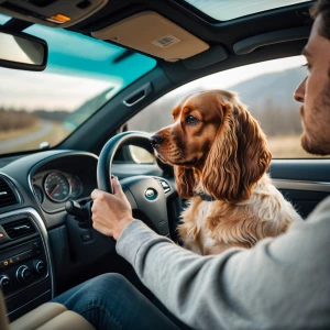 Cream Cocker spaniel behind steering wheel in car driving car. Dog holding onto steering wheel driving down road View of front of car . Dig looking out front window. Hood of . View outside of car