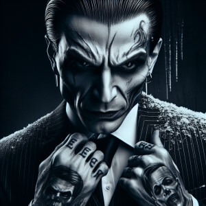 A menacing Russian mobster with a fierce expression