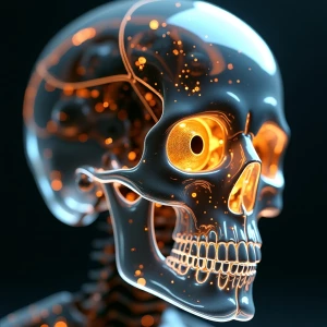 close-up digital artwork of a translucent, glass-like skull with...