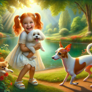 Create a fantasy scene of a little red headed girl with pigtails...