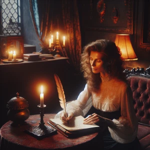 A calm woman in her thirties journaling by candlelight in a diml...